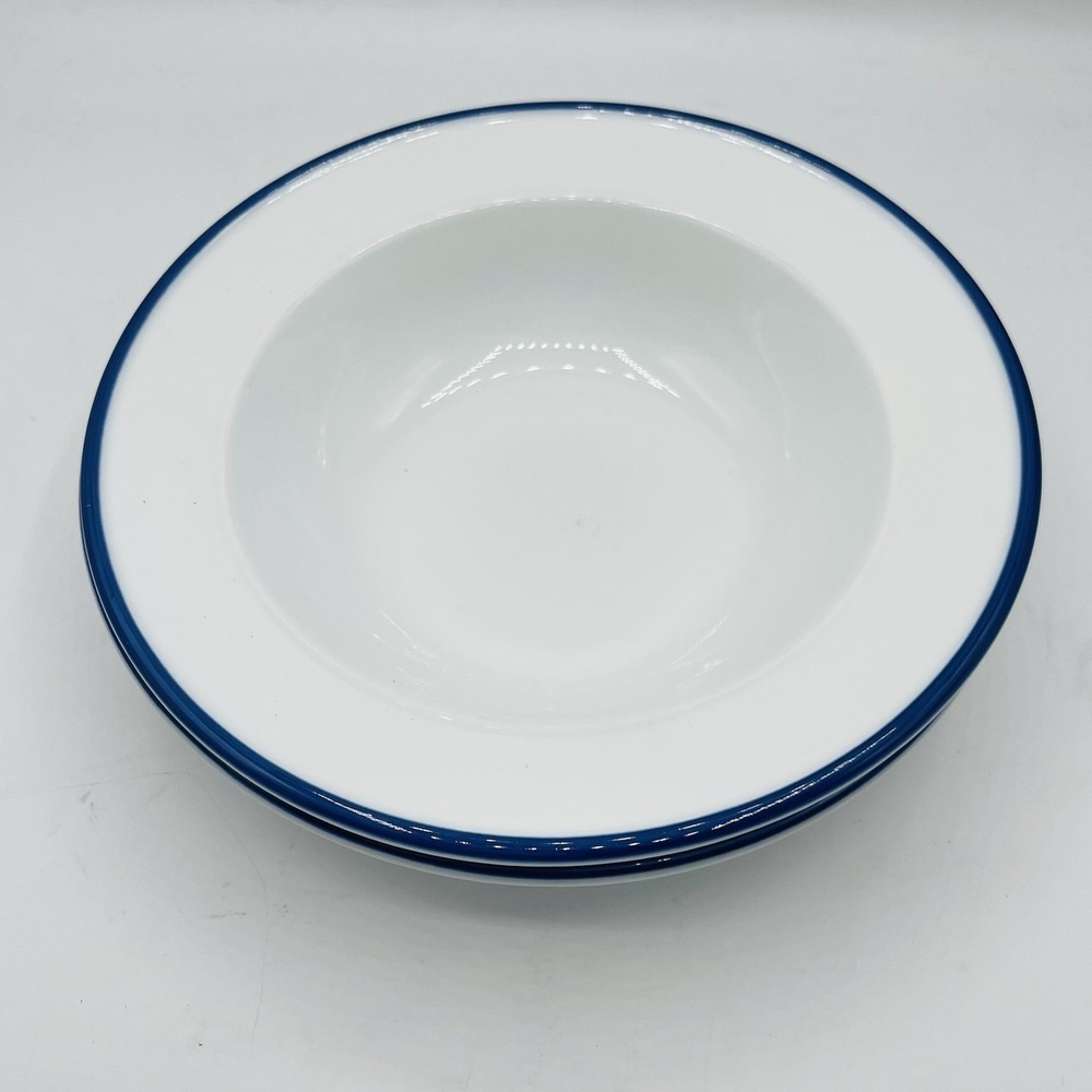 2 Fitz & Floyd Everyday White Bistro Soup Pasta Bowls Blue Rimmed 8.5 'X 2''